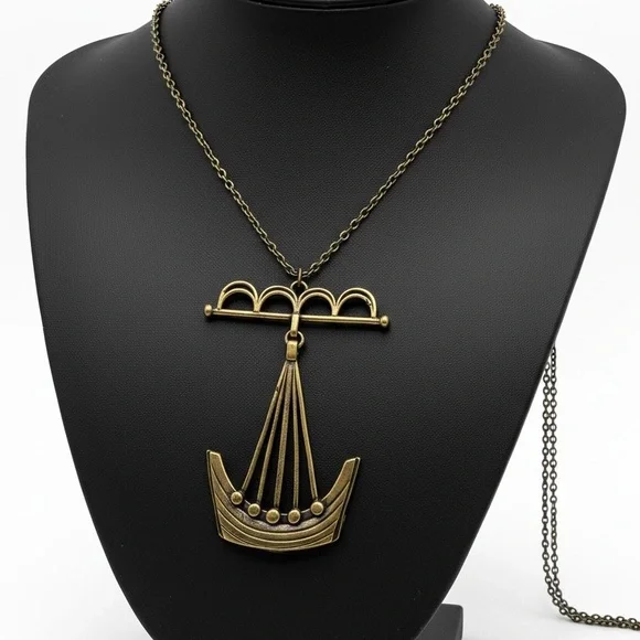 Signed Gard Berg Viking Longship Necklace Scandinavian Brutalist Bronze 1970s - Picture 1 of 12